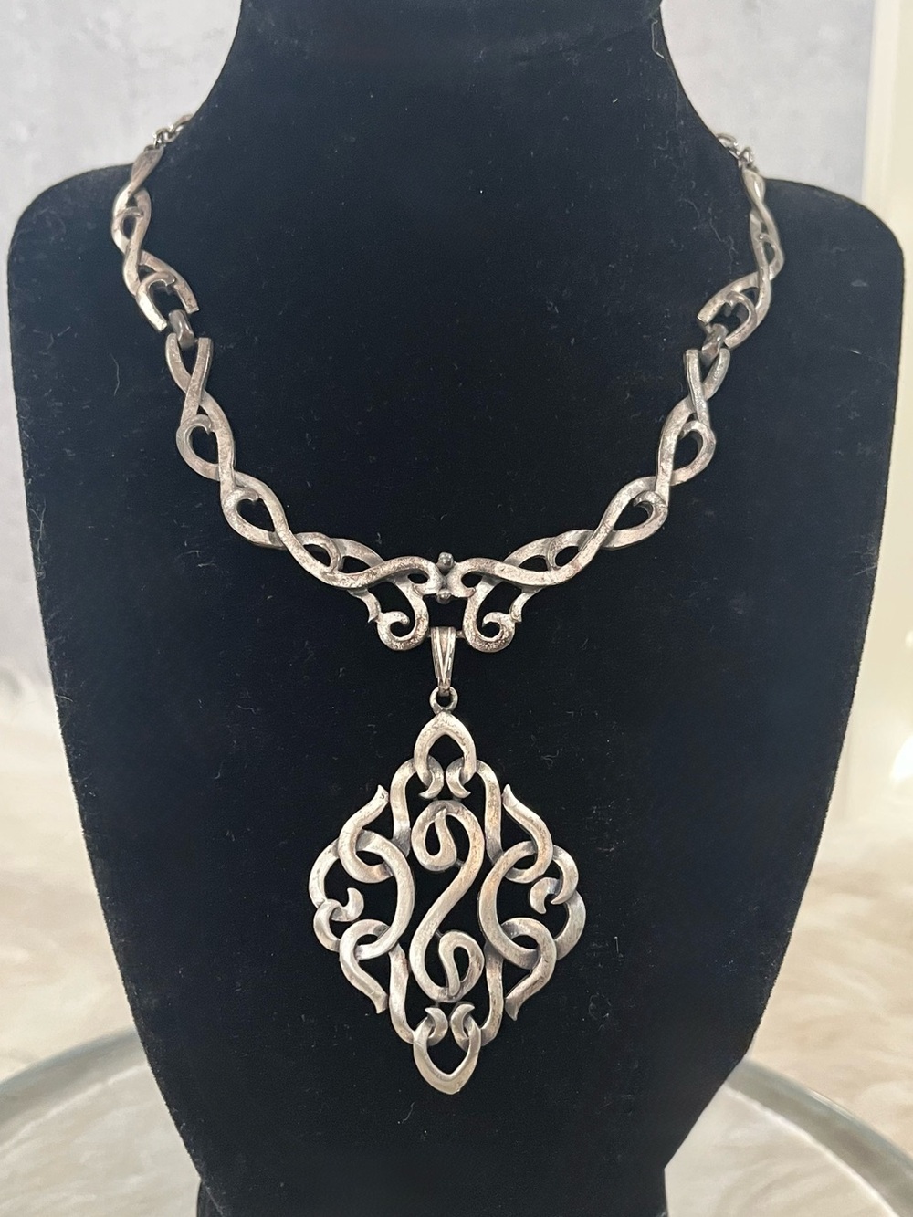 NEW Vintage Trifari Pewter Celtic Scroll Ornate Filigree Pendant Collar Necklace